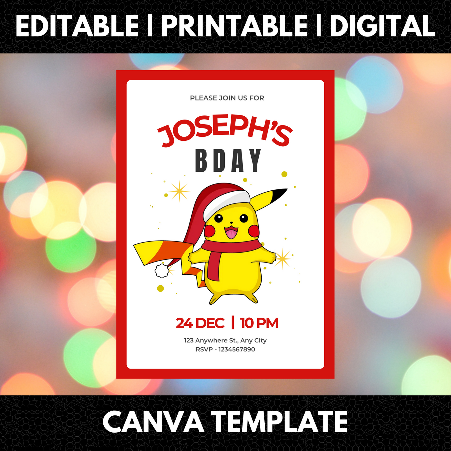 Pikachu Pokemon Christmas Birthday Invitation Template