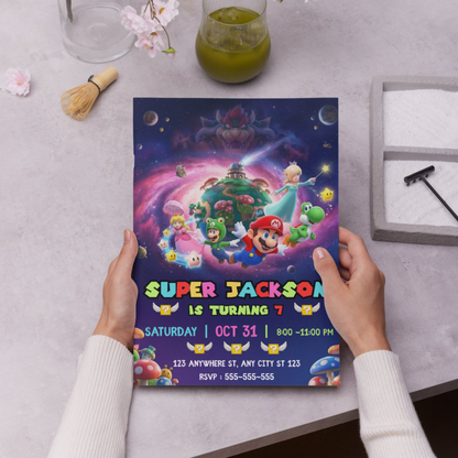 Super Mario Galaxy Birthday Invitation Template | Mario Space Theme Party Invite CreativeRino