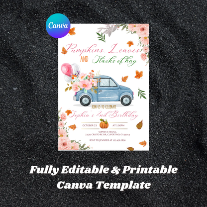 Fall Pumpkin Truck Birthday Party Invitation Template - CreativeRino