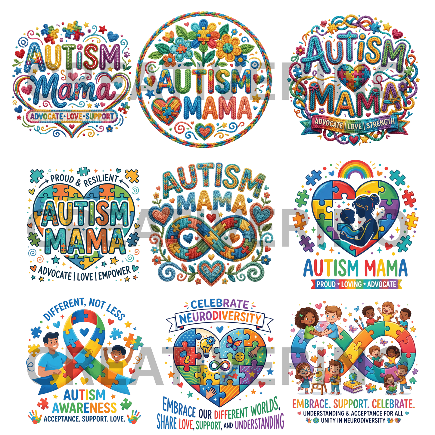 Autism Mama PNG | Autism Awareness | Superhero Cartoon Aesthetic Retro Groovy 70s-style Coquette Faux Yarn Preppy Puzzle Trendy Designs CreativeRino