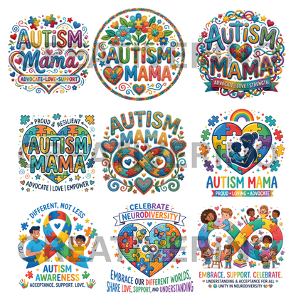 Autism Mama PNG | Autism Awareness | Superhero Cartoon Aesthetic Retro Groovy 70s-style Coquette Faux Yarn Preppy Puzzle Trendy Designs CreativeRino