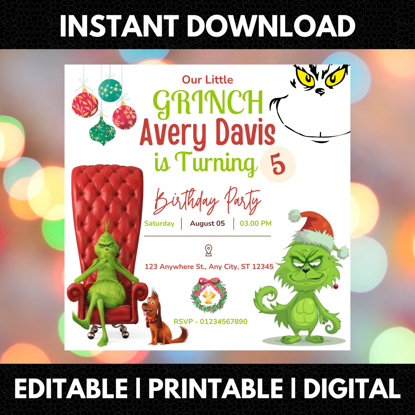 Baby Grinch Christmas Birthday Invitation Template - CreativeRino