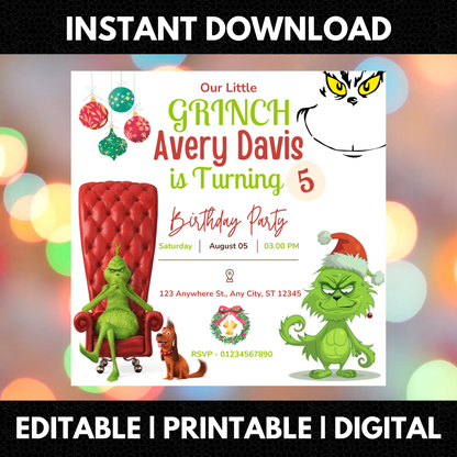 Baby Grinch Christmas Birthday Invitation Template - CreativeRino