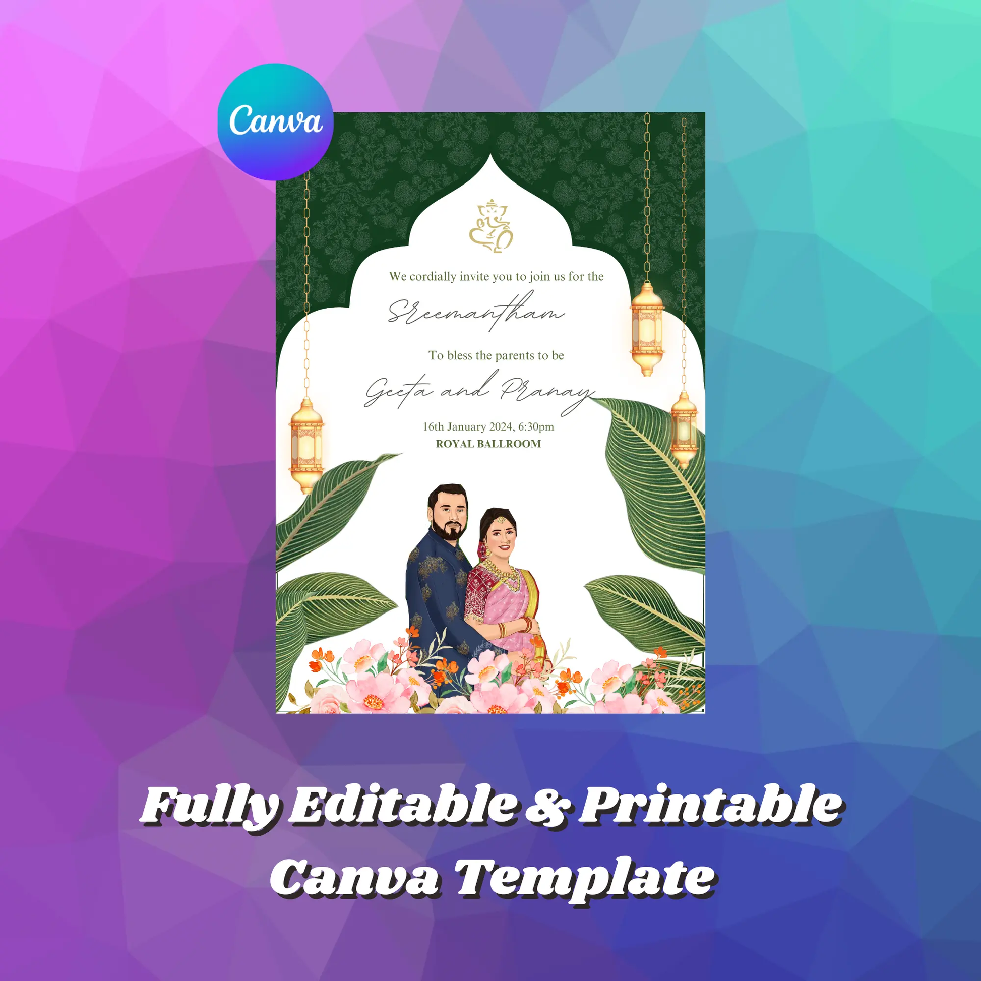 Indian Baby Shower Invitation Template | Seemantham Valaikappu Godh Bharai Ceremony Invite - CreativeRino