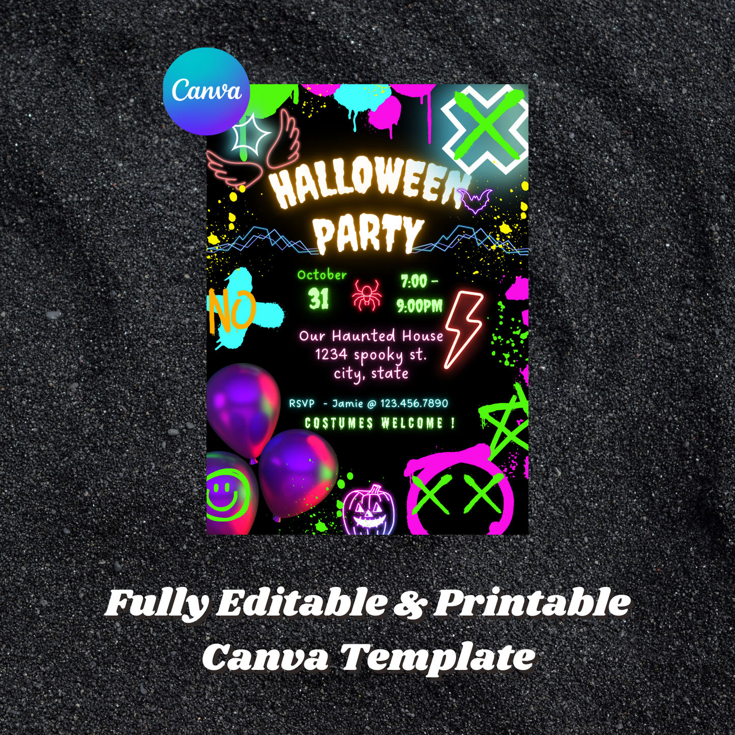 Neon Spooky Halloween Party Invitation Template