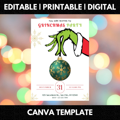 Grinchmas Christmas Party Invitation Template | Grinch Invite - CreativeRino