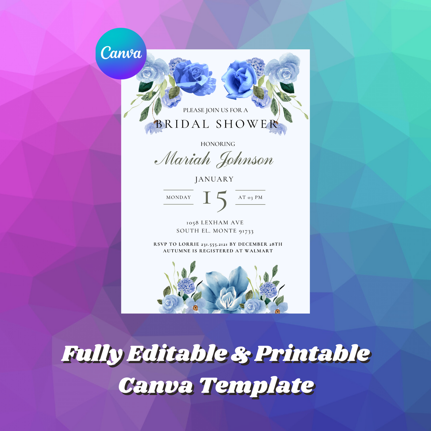 Blue Floral Bridal Shower Invitation Template