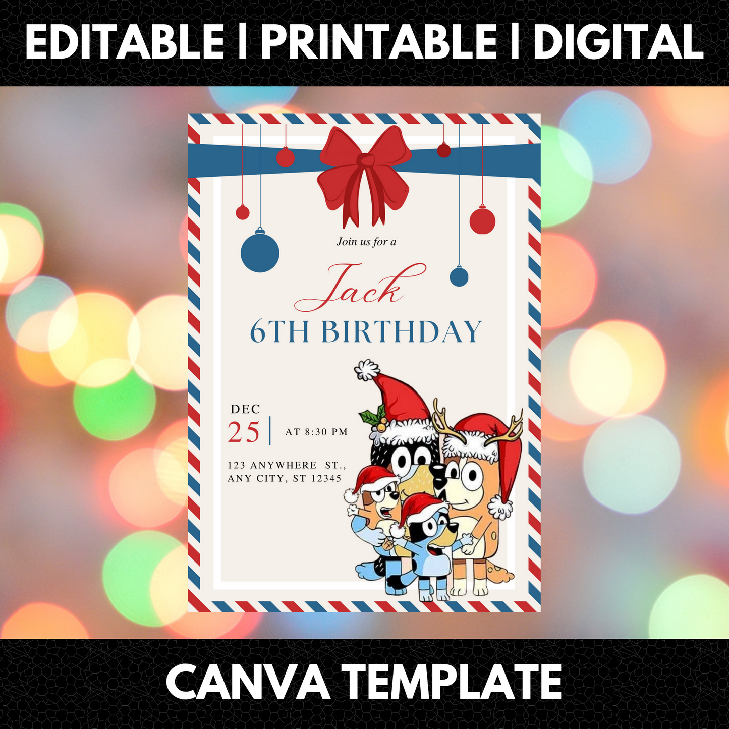 Bluey and Bingo Christmas Birthday Invitation Template