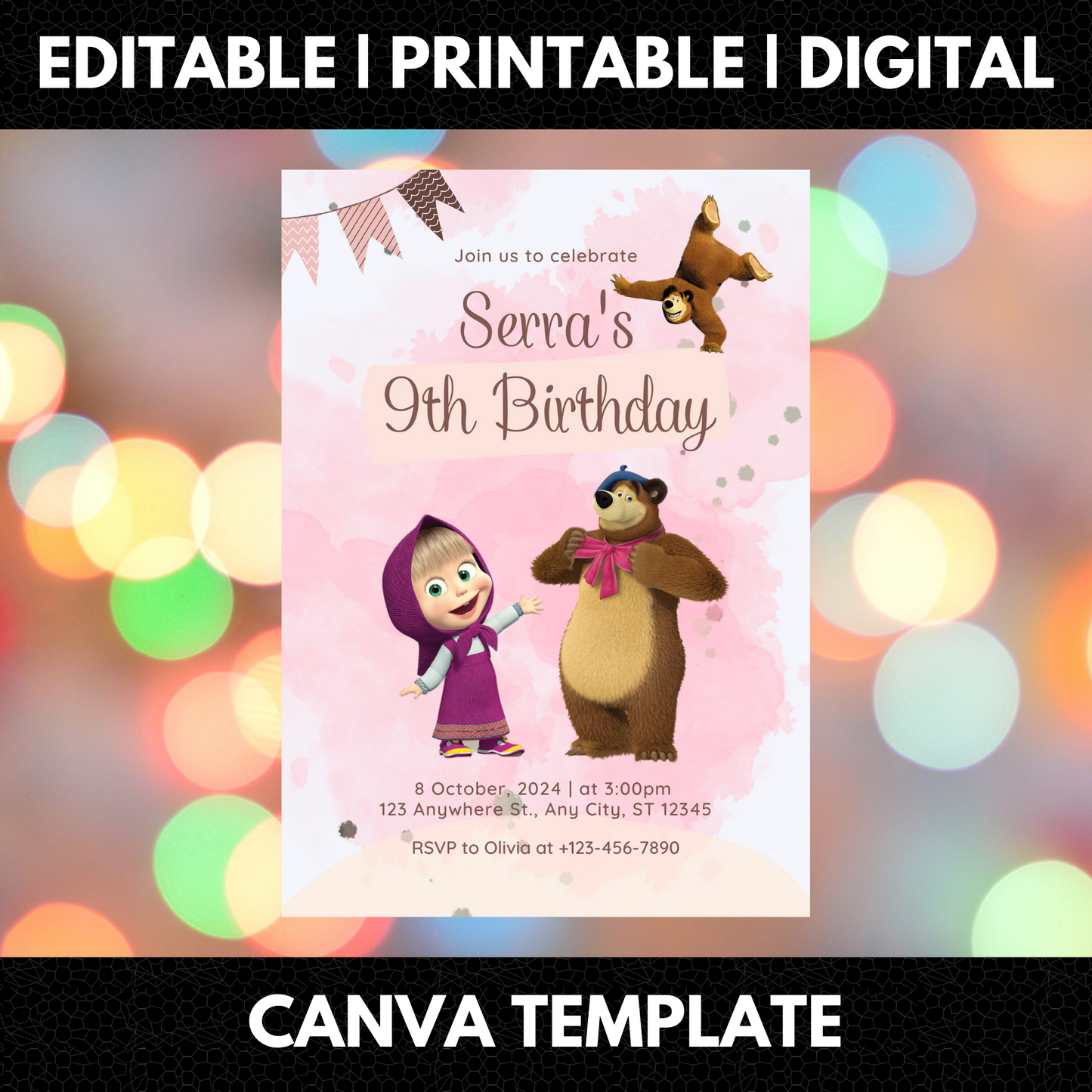 Masha And The Bear Birthday Invitation Template