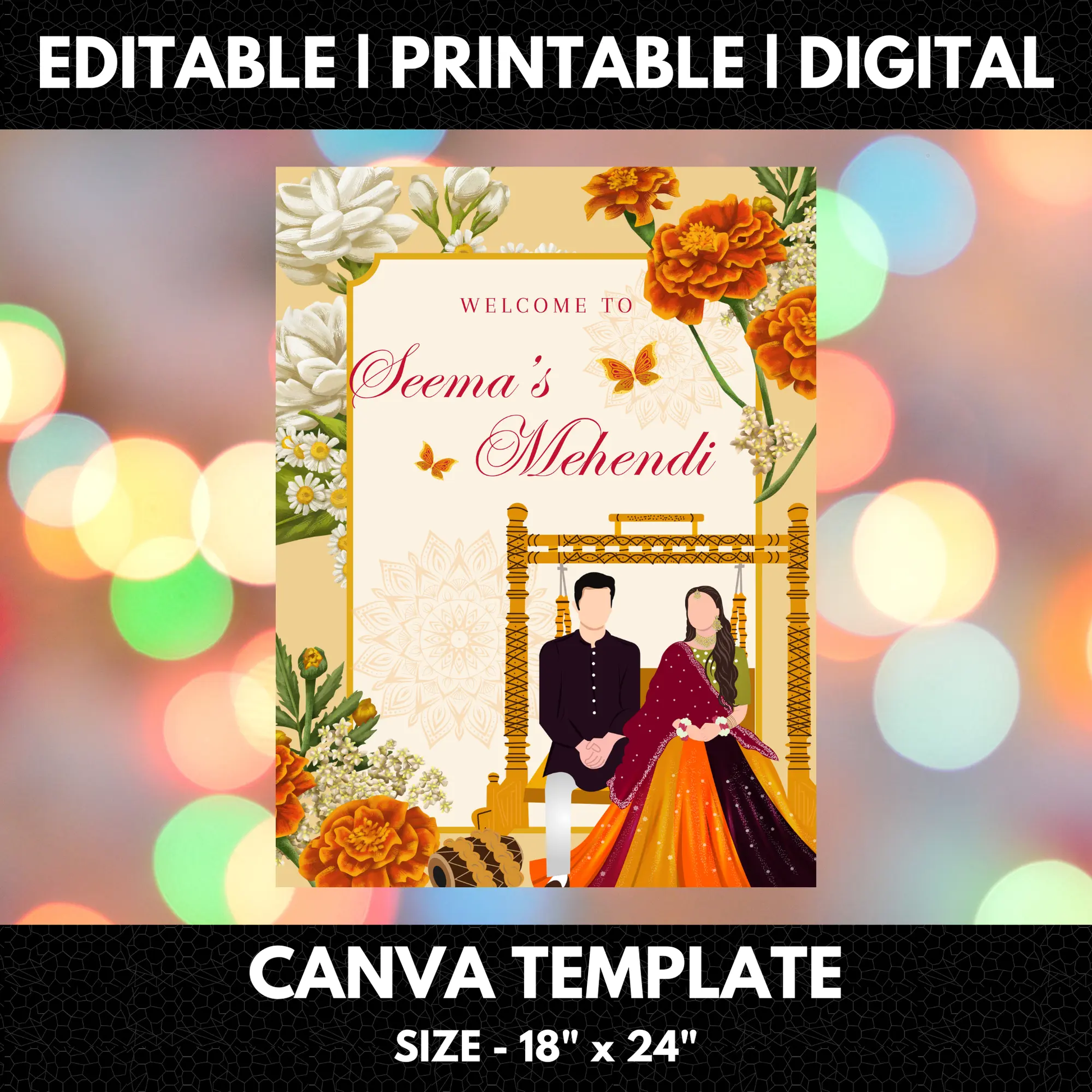 Mehndi Sign Template | Indian Wedding Welcome Sign - CreativeRino