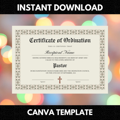 Certificate of Ordination Template | Pastor Ordination Certificate - CreativeRino