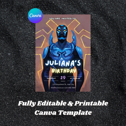Blue Beetle Birthday Invitation Template - CreativeRino