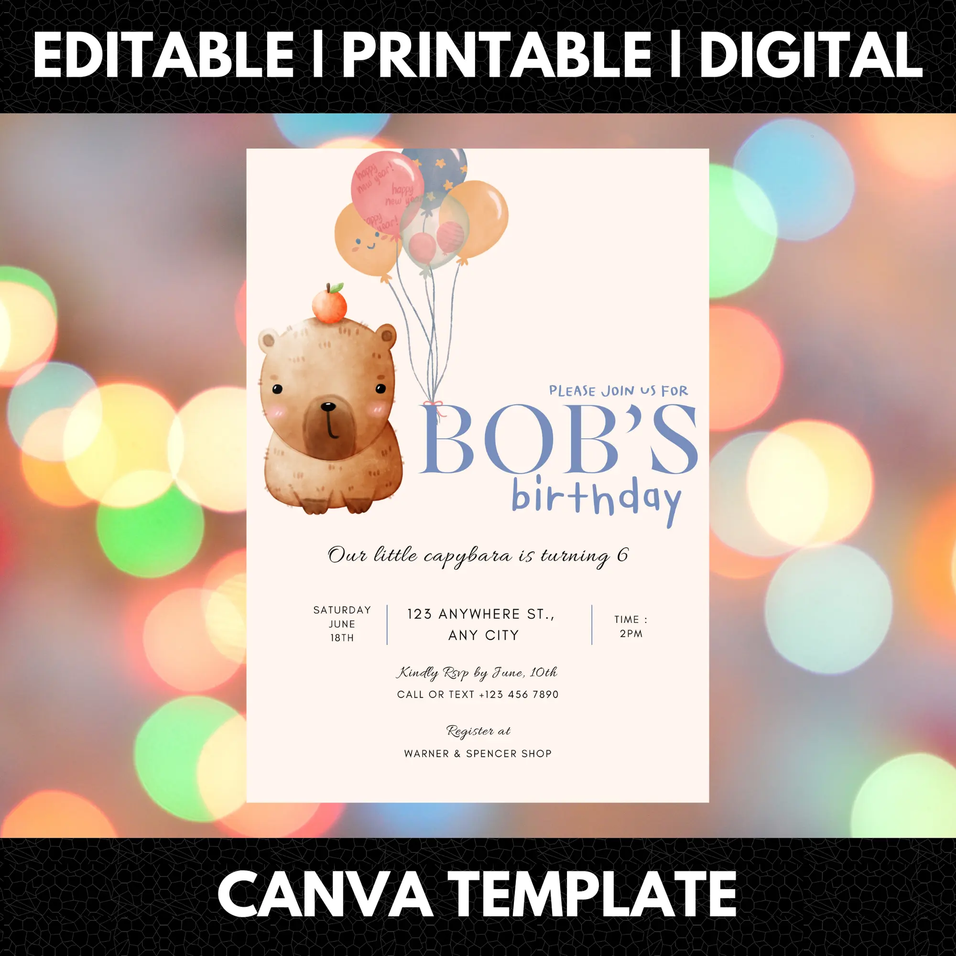 Capybara Birthday Invitation Template - CreativeRino