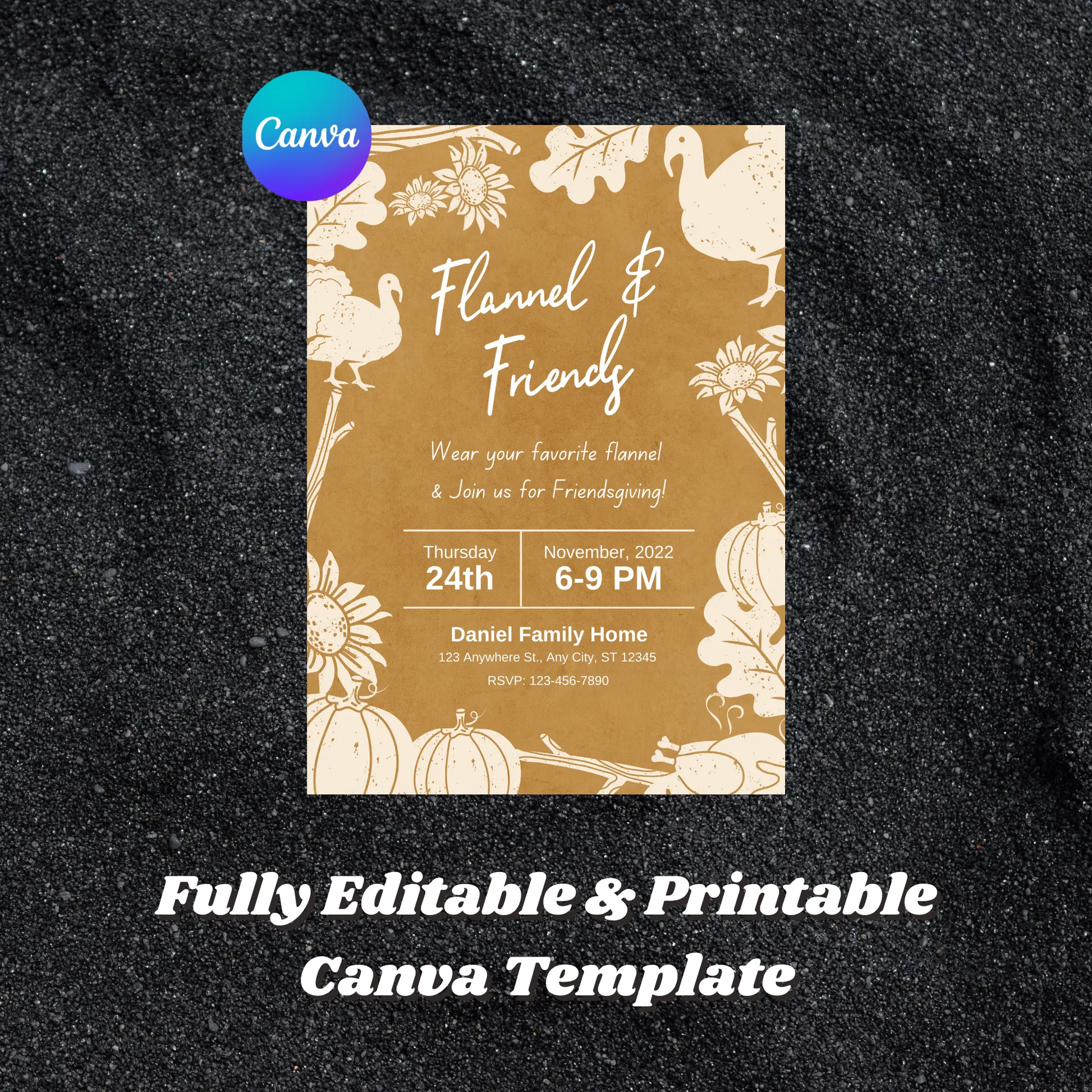 Flannel and Friends Friendsgiving Invitation Template | Flannel Thanksgiving Invite - CreativeRino