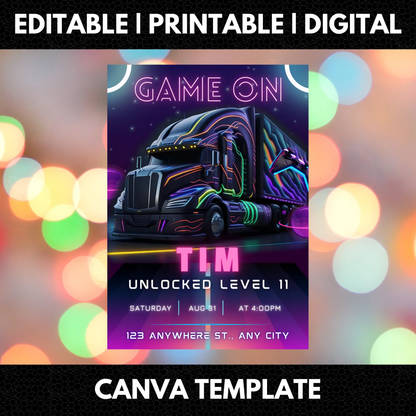 Game Truck Gaming Birthday Invitation Template - CreativeRino