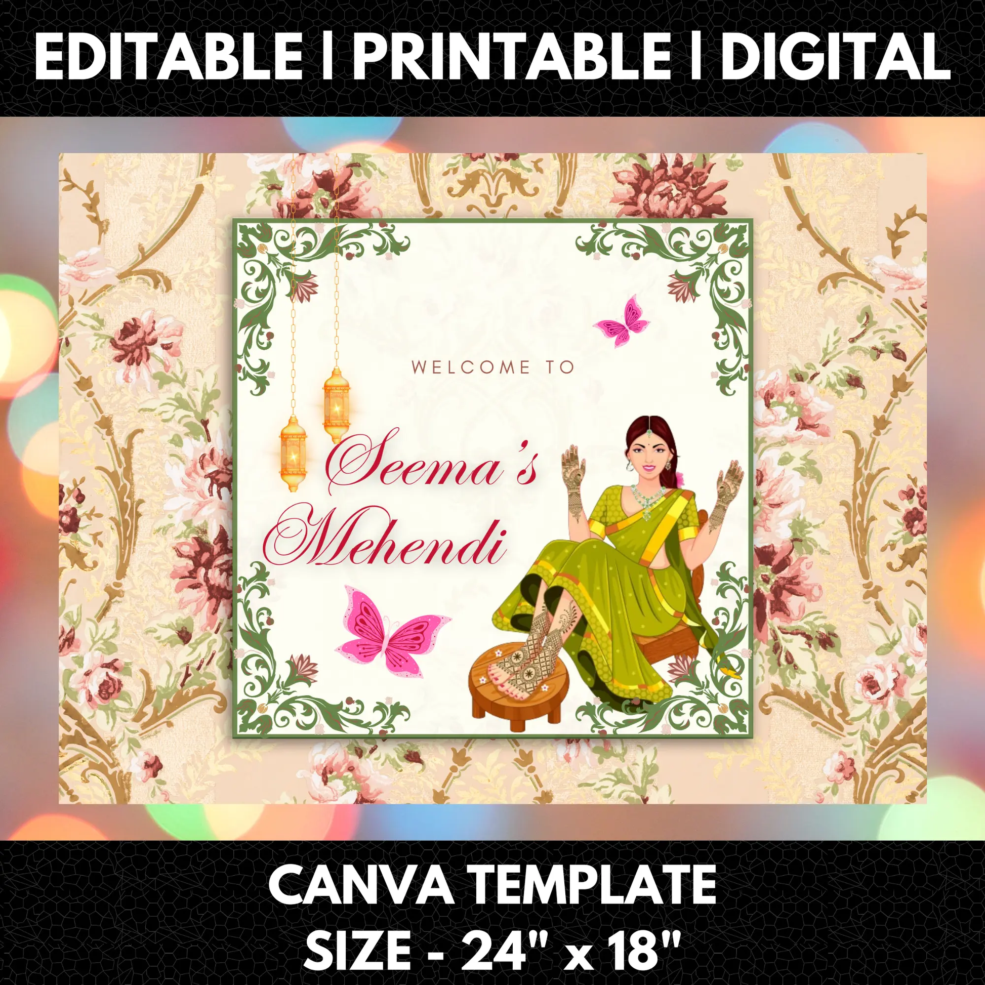 Mehndi Sign Template | Indian Wedding Welcome Sign - CreativeRino