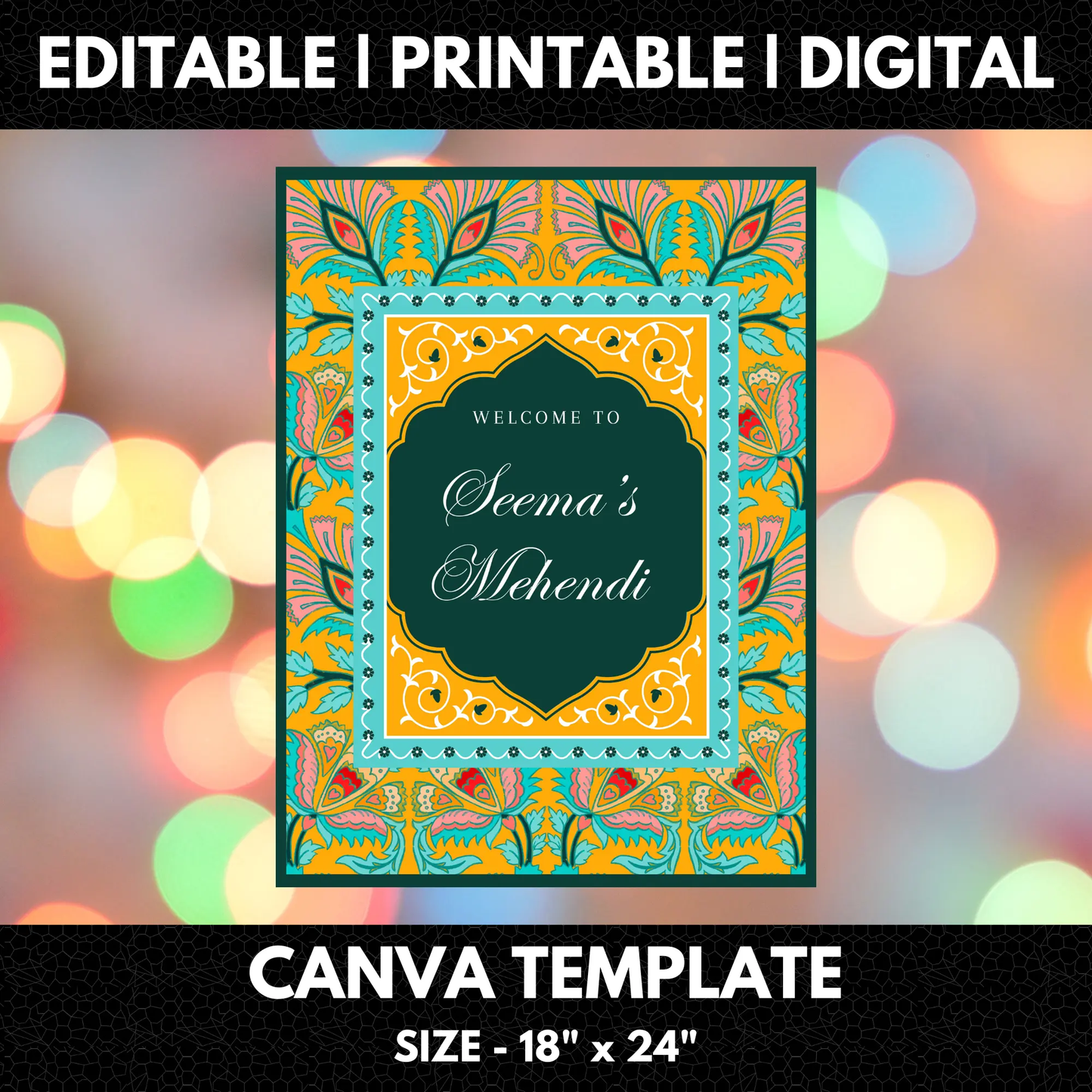 Mehndi Sign Template | Indian Wedding Welcome Sign - CreativeRino