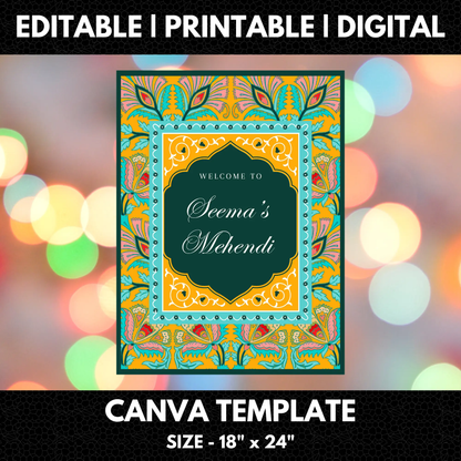 Mehndi Sign Template | Indian Wedding Welcome Sign - CreativeRino