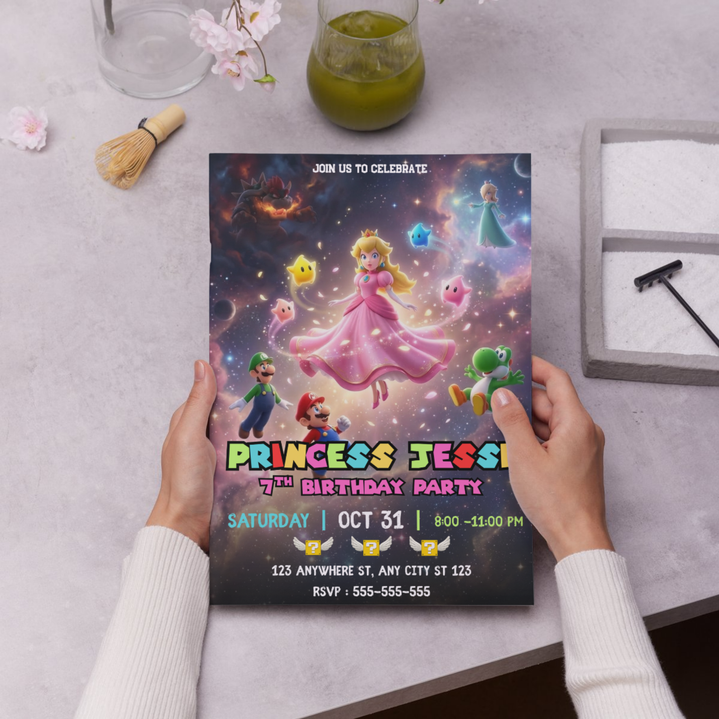 Princess Peach Birthday Invitation, Mario Galaxy Birthday Invite, Editable Outer Space Party Canva Template CreativeRino