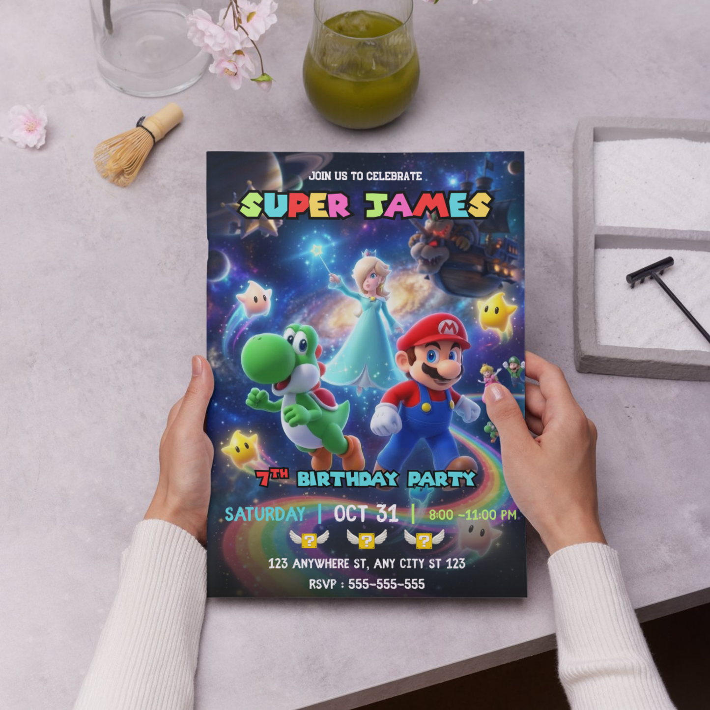 Yoshi Mario Galaxy Birthday Invitation, Editable Outer Space Party Invite Canva Template CreativeRino