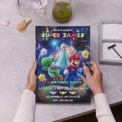 Yoshi Mario Galaxy Birthday Invitation, Editable Outer Space Party Invite Canva Template CreativeRino