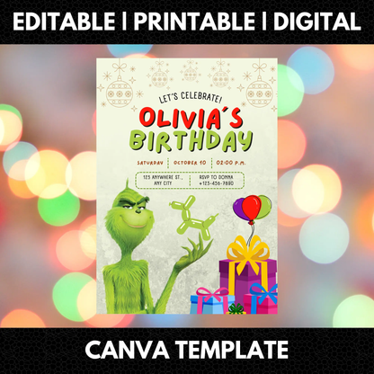 Grinch Birthday Invitation Template - CreativeRino