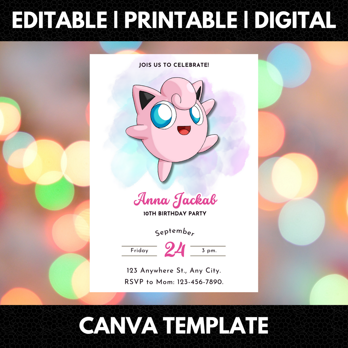 Jigglypuff Pokemon Birthday Invitation Template