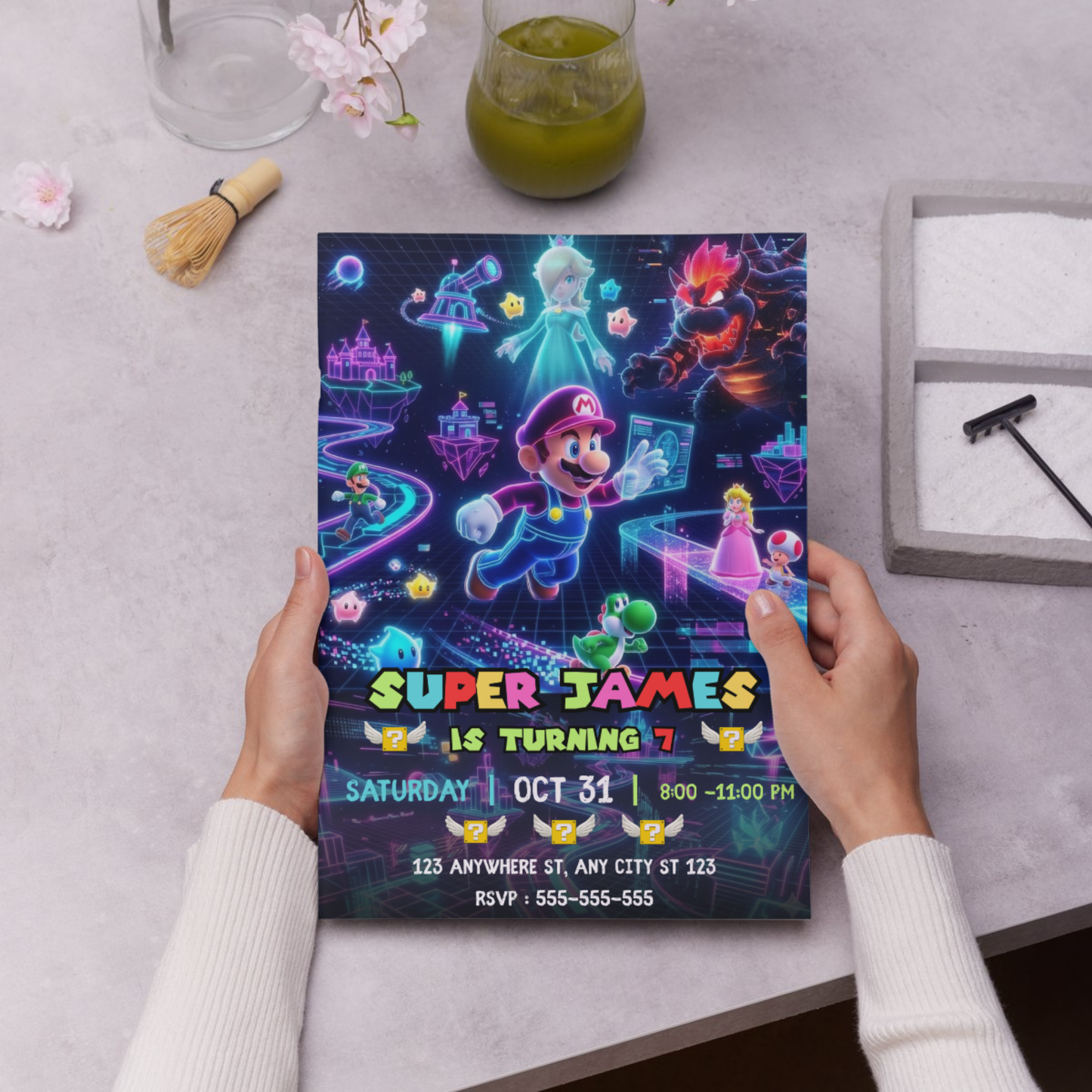 Mario Galaxy Birthday Invitation, Editable Gamer Theme Outer Space Party Digital Canva Template CreativeRino