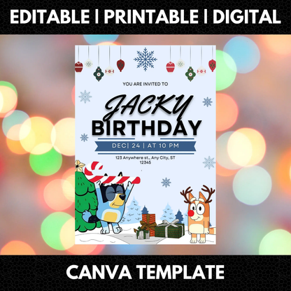 Bluey and Bingo Christmas Birthday Invitation Template - CreativeRino