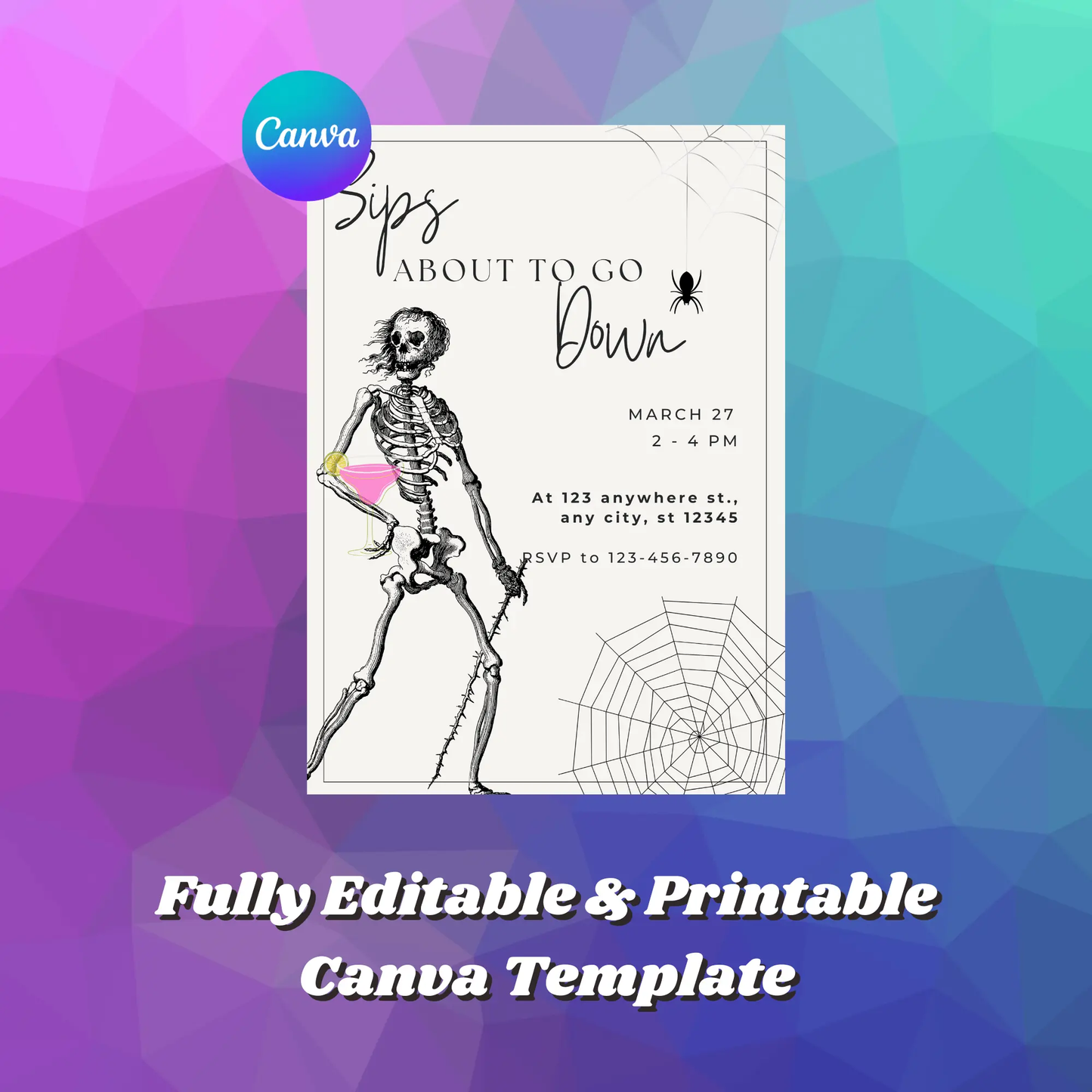 Sips About to Go Down Skeleton Halloween Invitation Template - CreativeRino