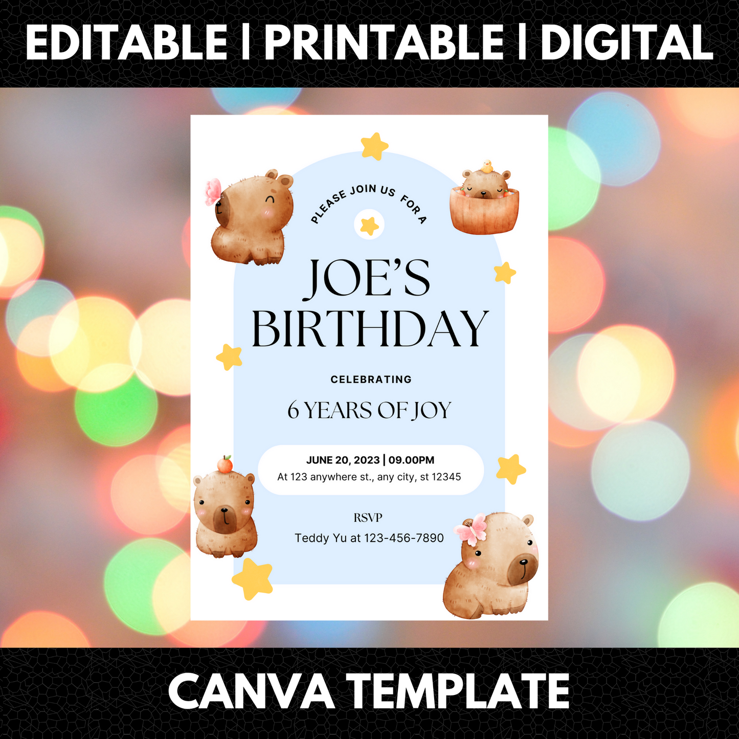 Capybara Birthday Invitation Template