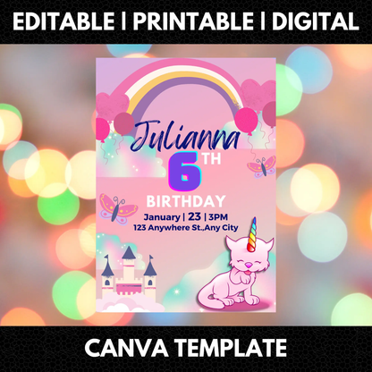 Caticorn Birthday Invitation Template - CreativeRino
