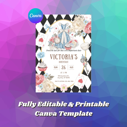 Alice in Wonderland Birthday Invitation Template | Alice in Onederland Invite - CreativeRino