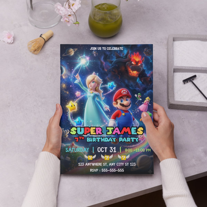 Princess Rosalina and Super Mario Galaxy Birthday Invitation, Editable Canva Template CreativeRino