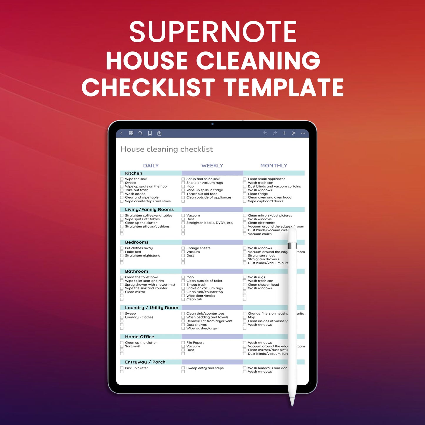 Supernote House Cleaning Checklist Template Planner Template