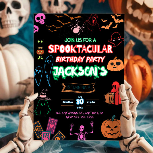 Spooktacular Neon Halloween Birthday Invitation Template