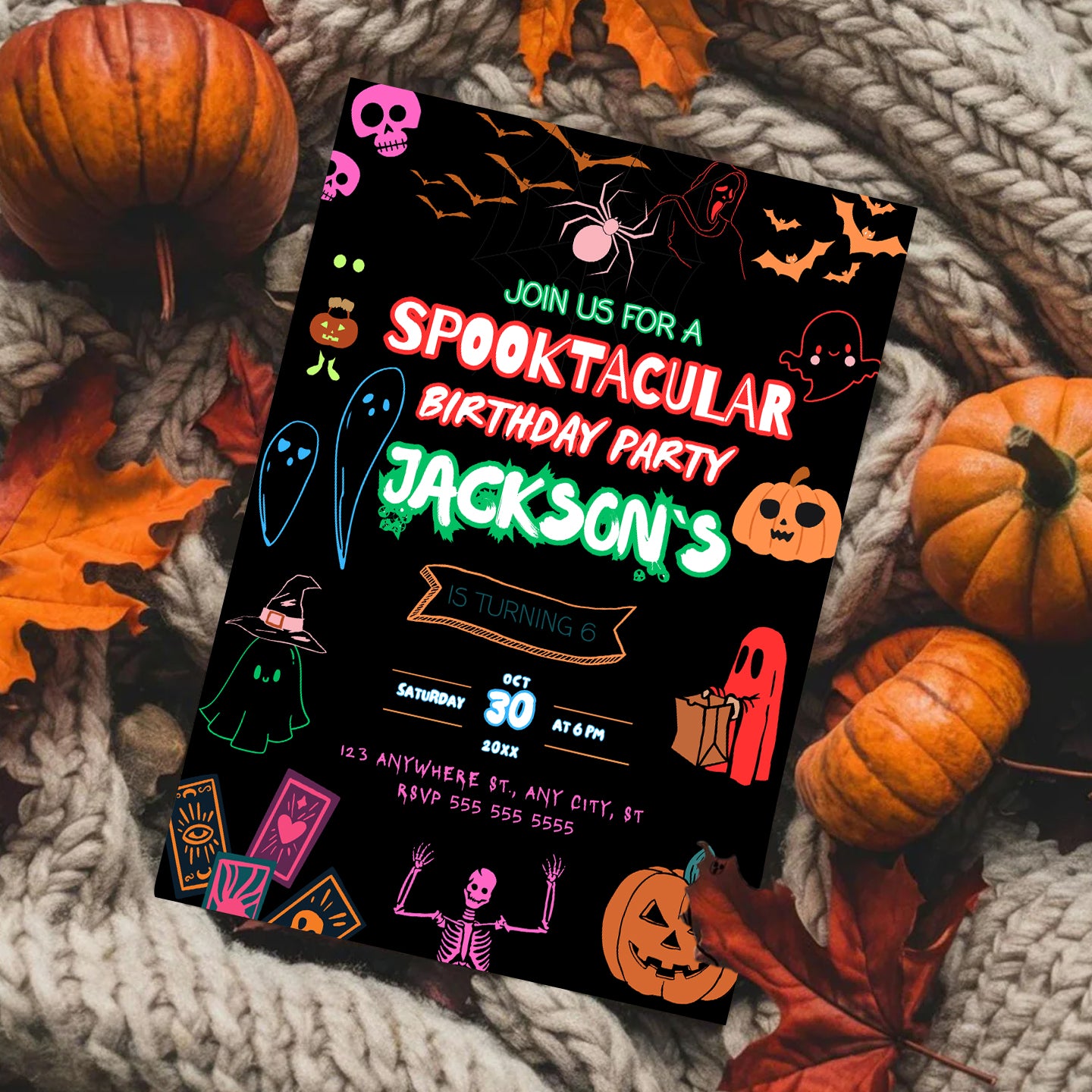 Spooktacular Neon Halloween Birthday Invitation Template