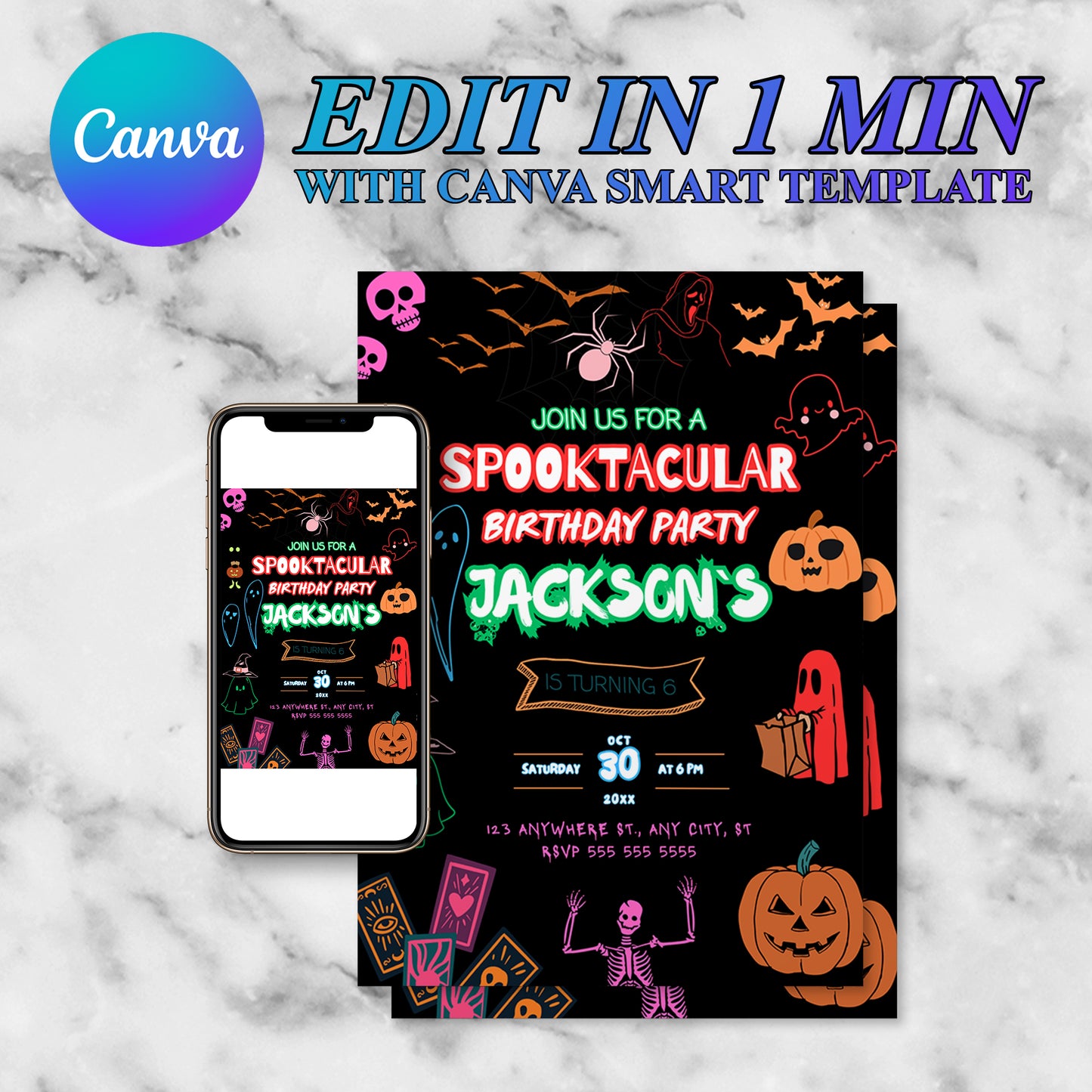 Spooktacular Neon Halloween Birthday Invitation Template