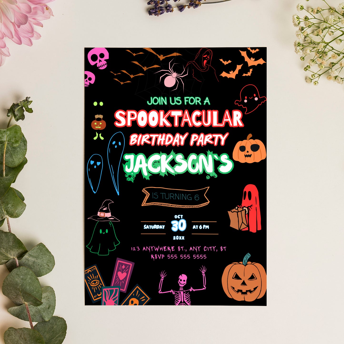 Spooktacular Neon Halloween Birthday Invitation Template