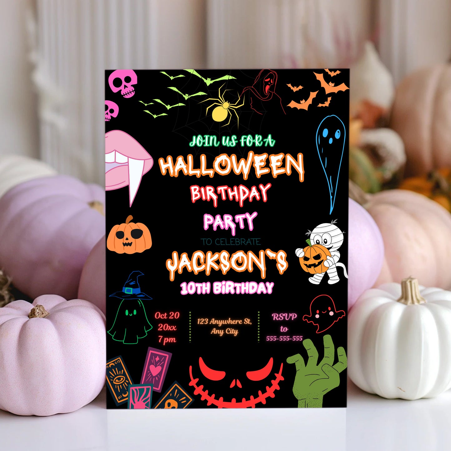 Neon Halloween Birthday Party Invitation Template