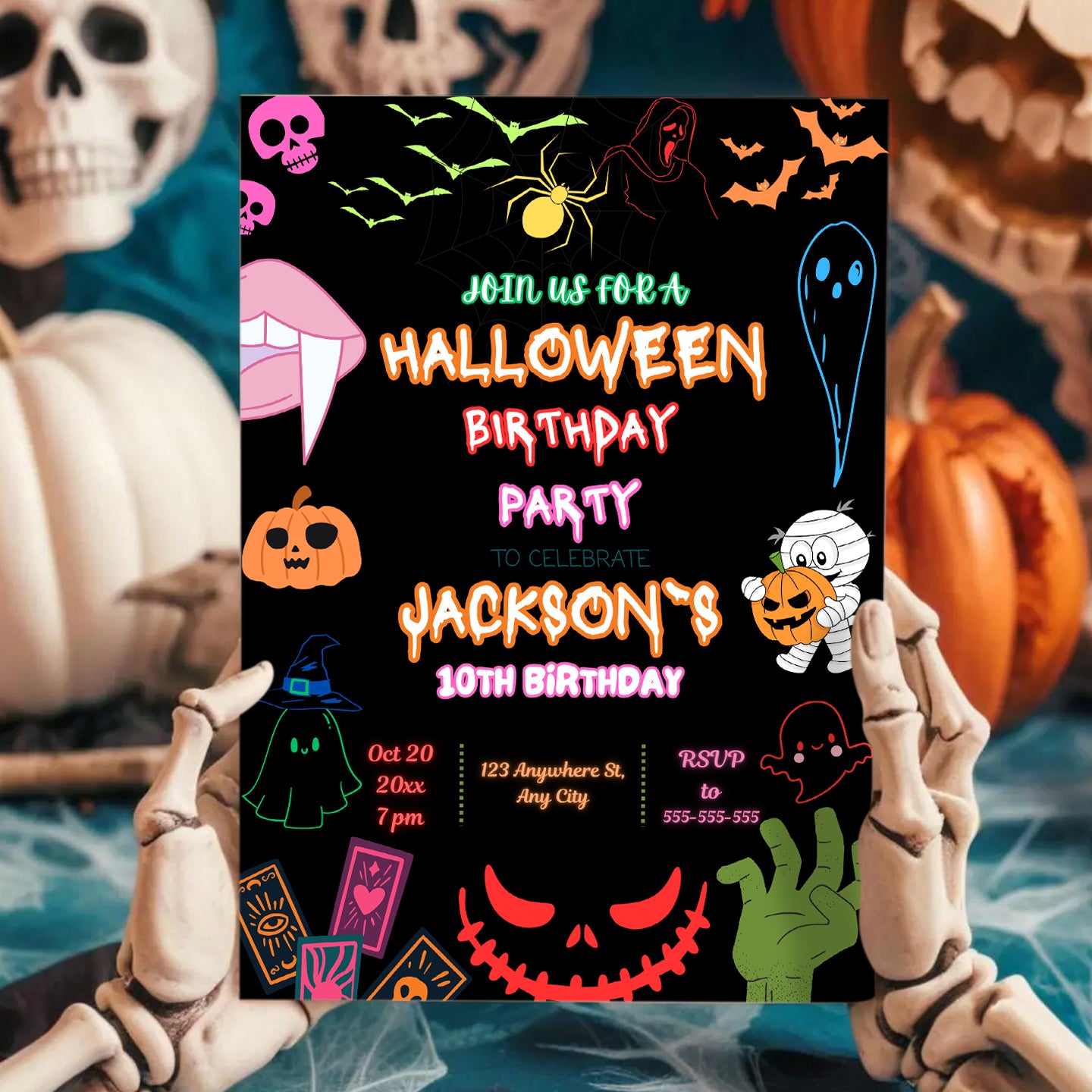 Neon Halloween Birthday Party Invitation Template