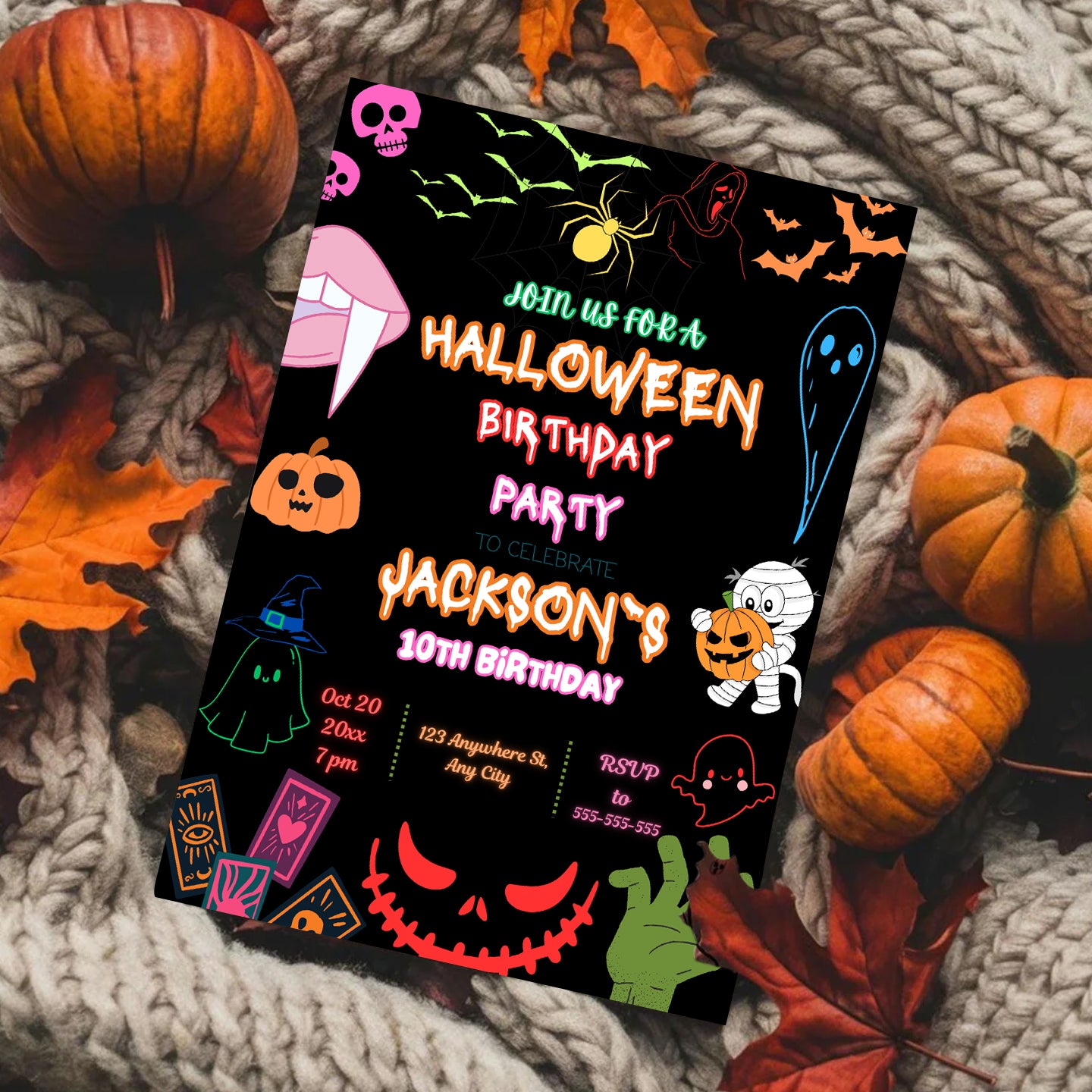 Neon Halloween Birthday Party Invitation Template