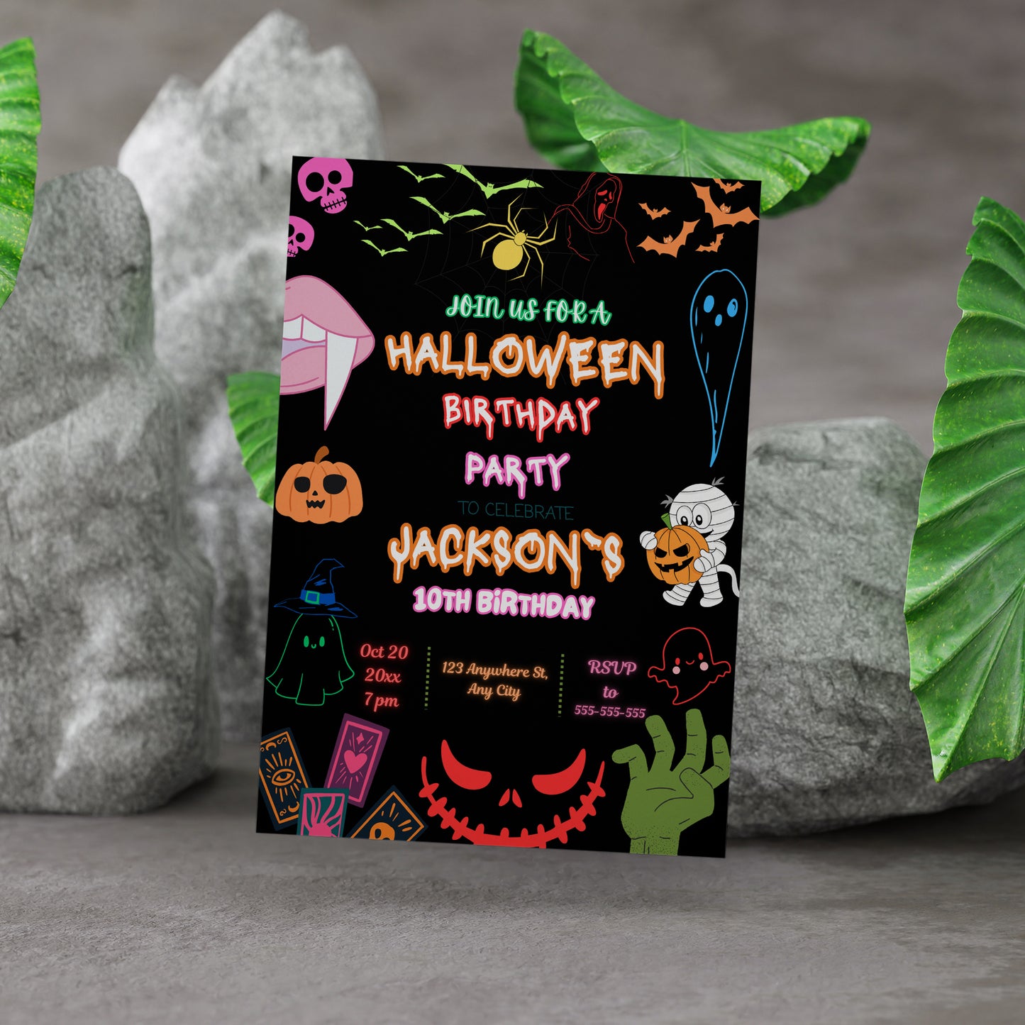 Neon Halloween Birthday Party Invitation Template