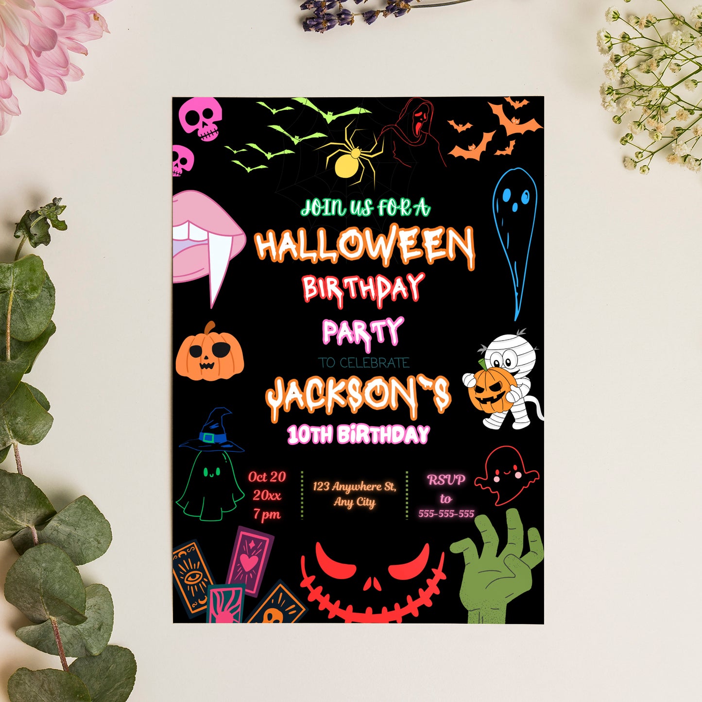 Neon Halloween Birthday Party Invitation Template