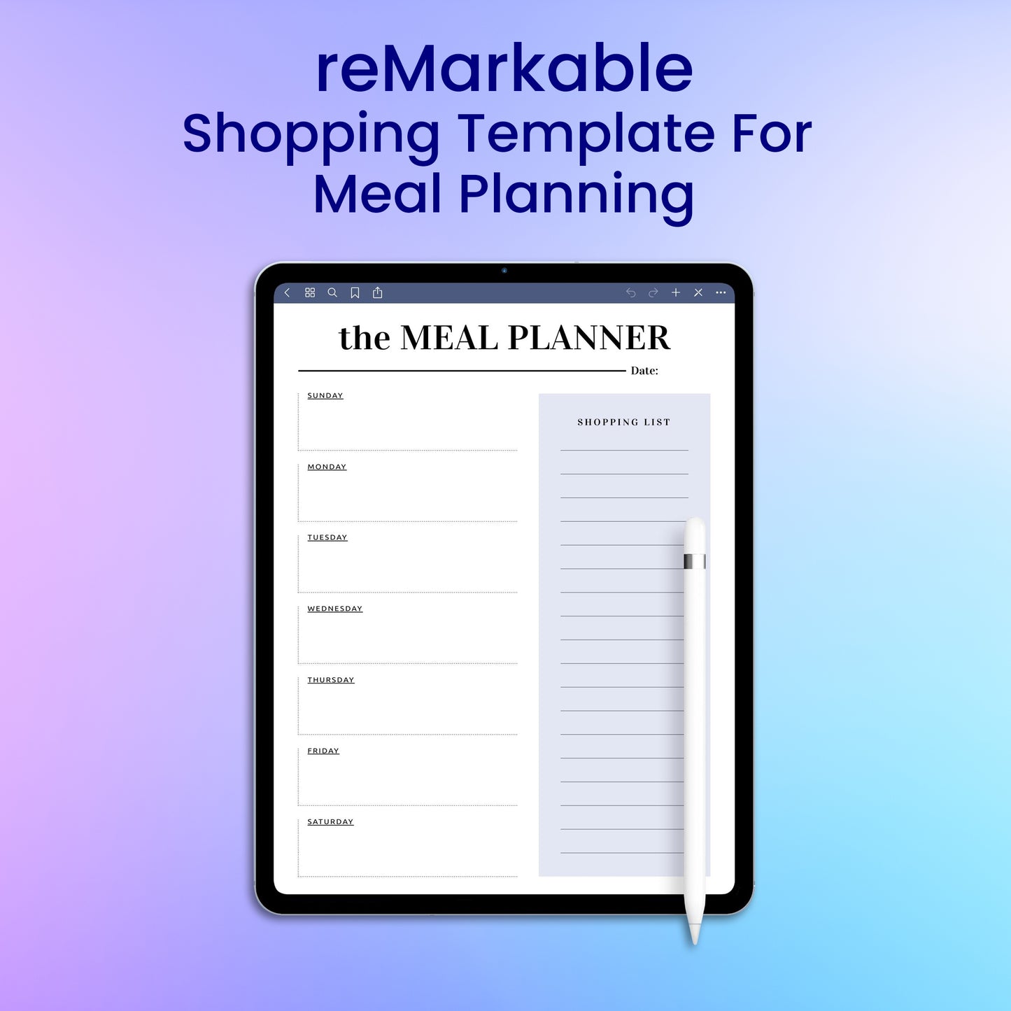 reMarkable 2 Shopping Template For Meal Planning Planner Template