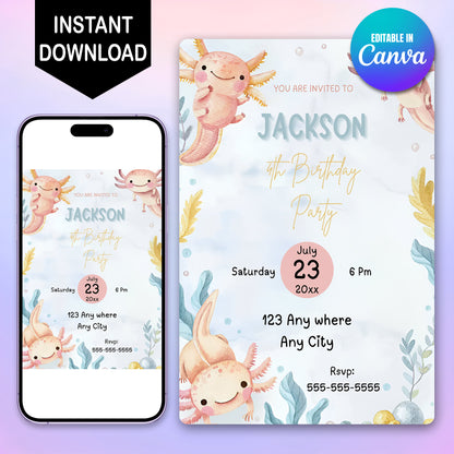 Axolotl Birthday Invitation Template - CreativeRino
