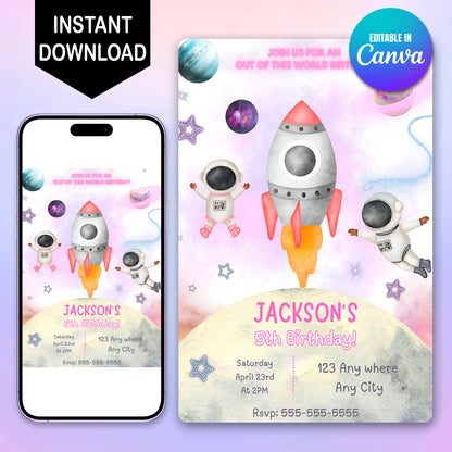 Outer Space Rocket Ship Birthday Party Invitation Template - CreativeRino