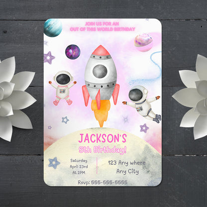 Outer Space Rocket Ship Birthday Party Invitation Template - CreativeRino