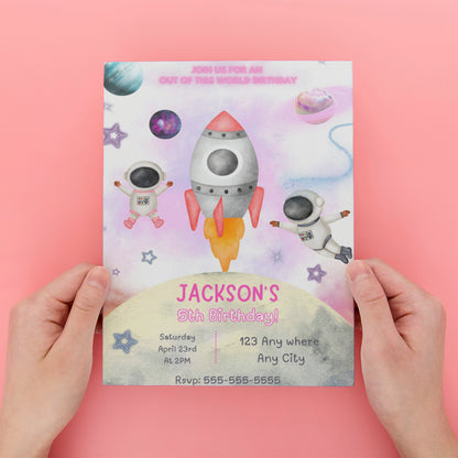 Outer Space Rocket Ship Birthday Party Invitation Template - CreativeRino