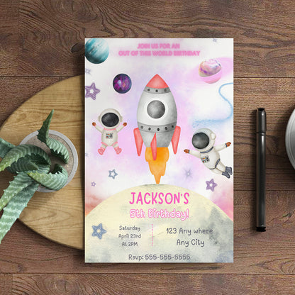 Outer Space Rocket Ship Birthday Party Invitation Template - CreativeRino